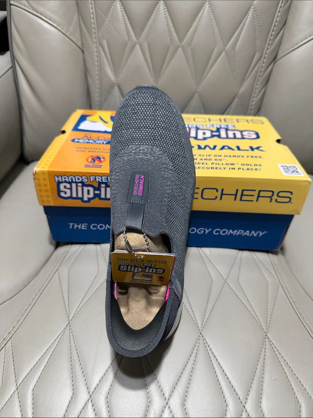 Skechers Womens Slip-On Knit Sneaker in Charcoalwith White Sole and Pink Accents